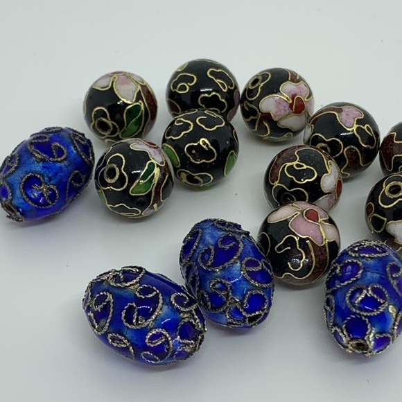 14 Blue and Floral Vintage Cloisonné Beads ! - Picture 2 of 4